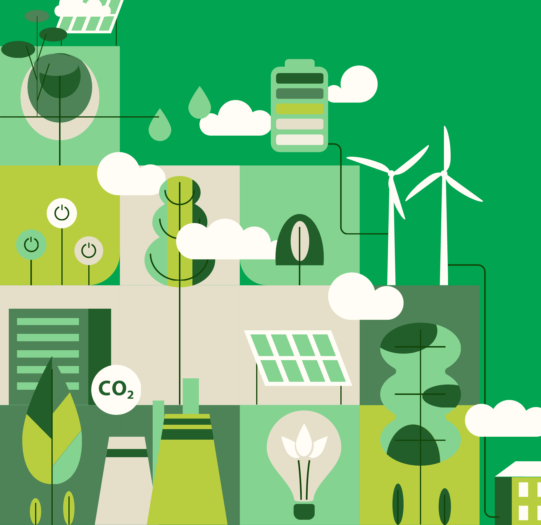 Illustration of a sustainable eco-city with wind turbines, solar panels and greenery